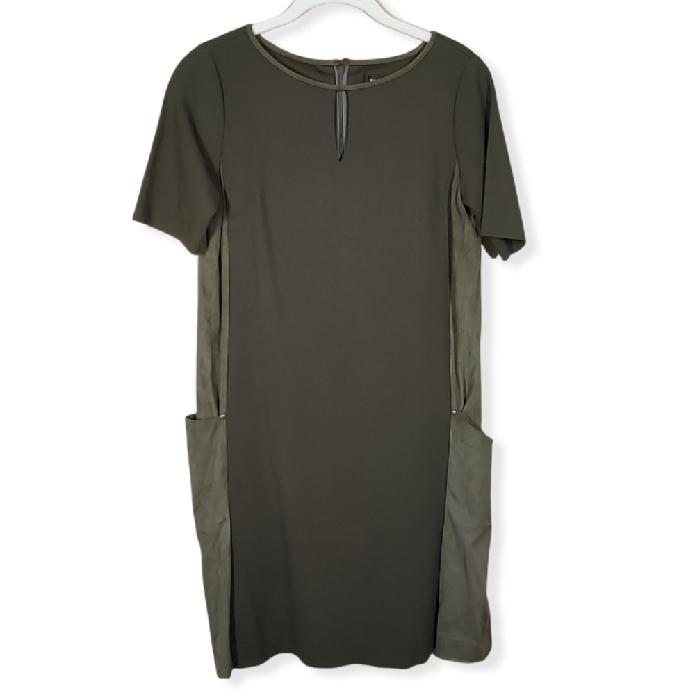 Tahari Arthur S. Levine Olive Green Vegan Suede Shift Dress Size 4